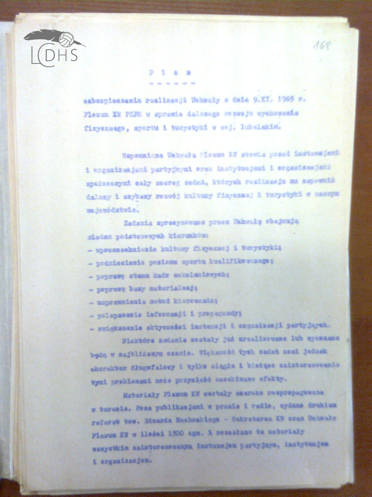 Plan zabezpieczenia realizacji Uchwały z dnia 9.XI.1965 r. Plenum KW PZPR w sprawie dalszego rozwoju wychowania fizycznego, sportu i turystyki w województwie lubelskim
